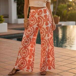 Boho Chic Orange & White Floral Print High Waisted Wide Leg Flowy Palazzo M